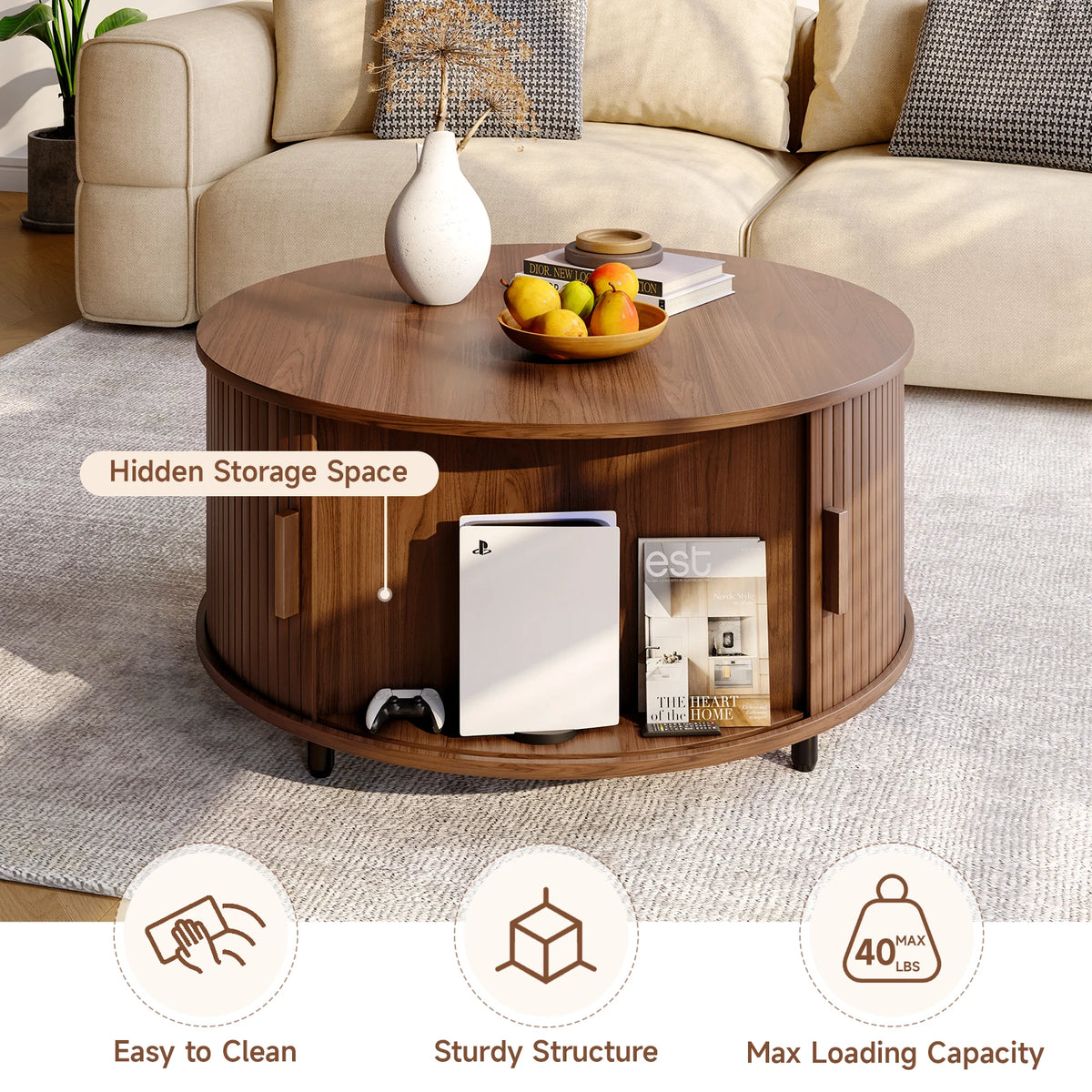 ONBRILL Round Coffee Table With Storage And Curved Sliding Door