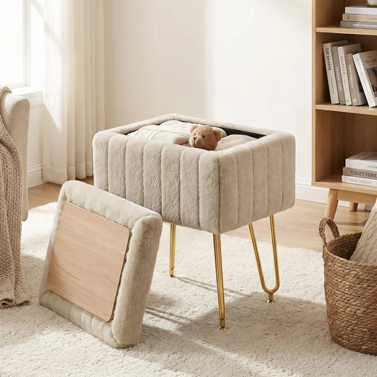 JHK Faux Fur Vanity Stool With Hidden Storage Metal Legs