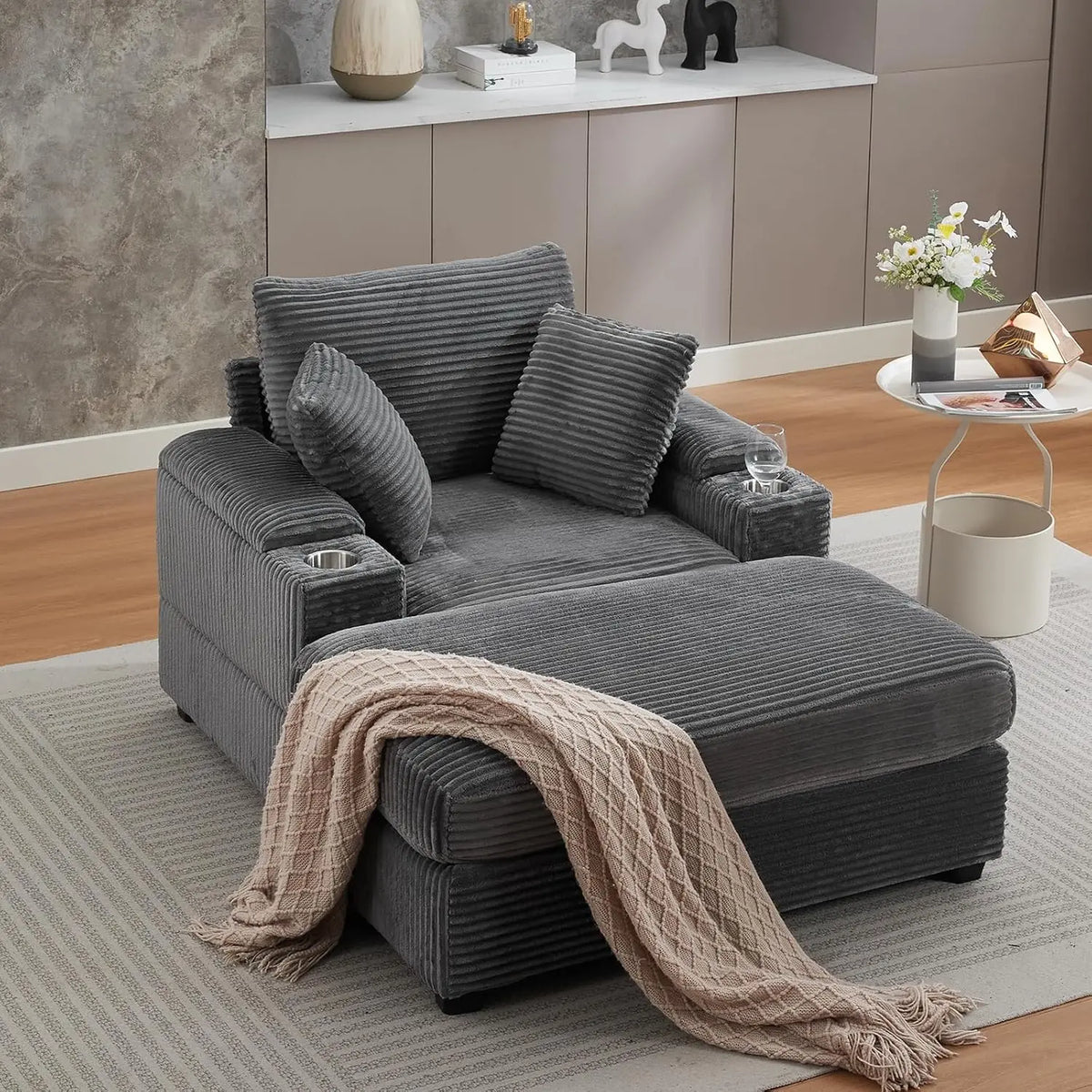 Oversized Double Chaise Lounge With Ottomans And Storage Cup Holders