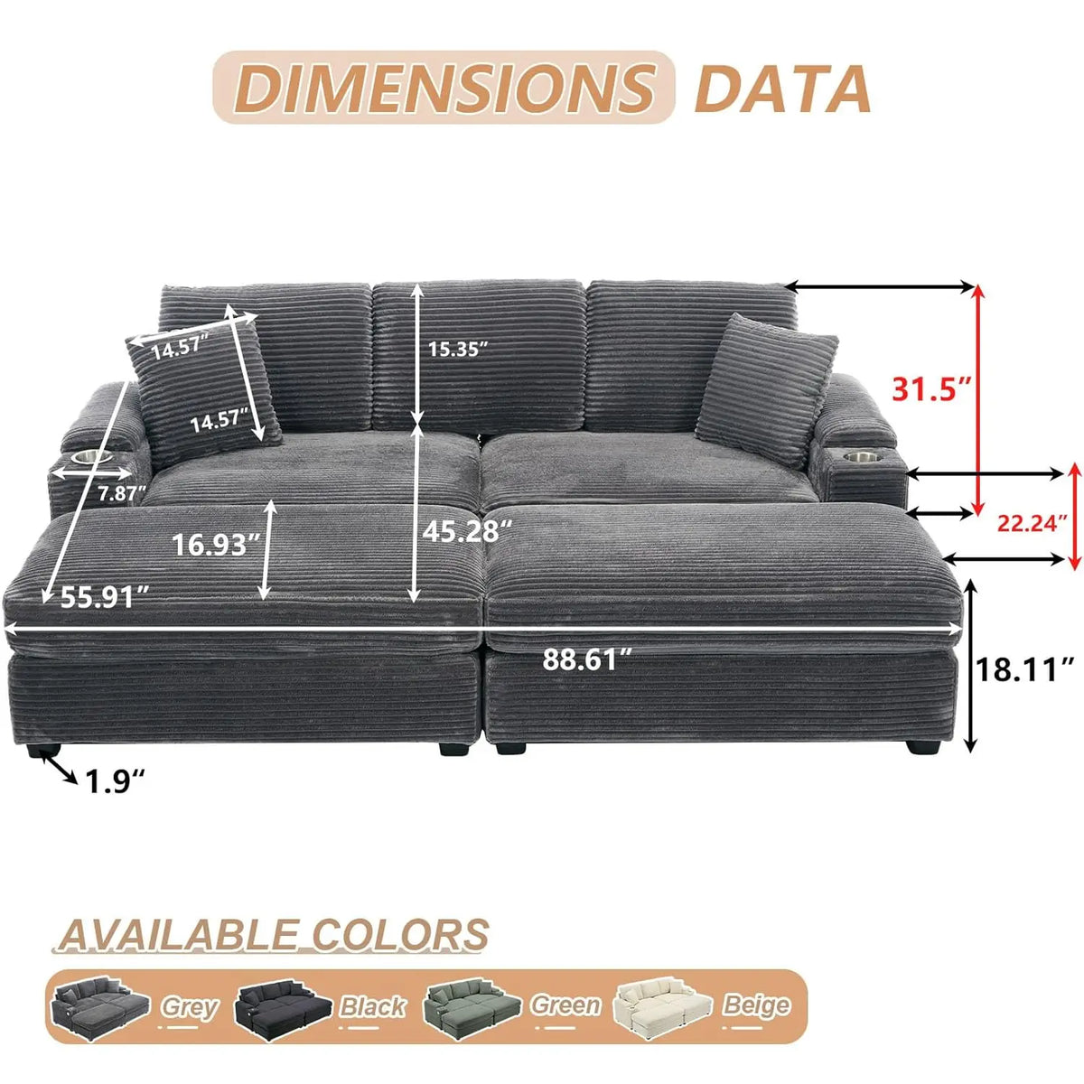 Oversized Double Chaise Lounge With Ottomans And Storage Cup Holders