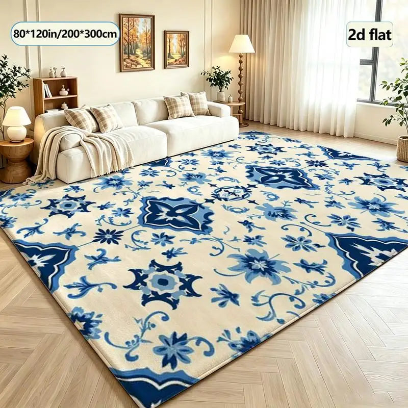 Blue and White Porcelain Floral Carpet Flooring, Traditional Oriental Style Area Rug for Living Room Bedroom Home Decor