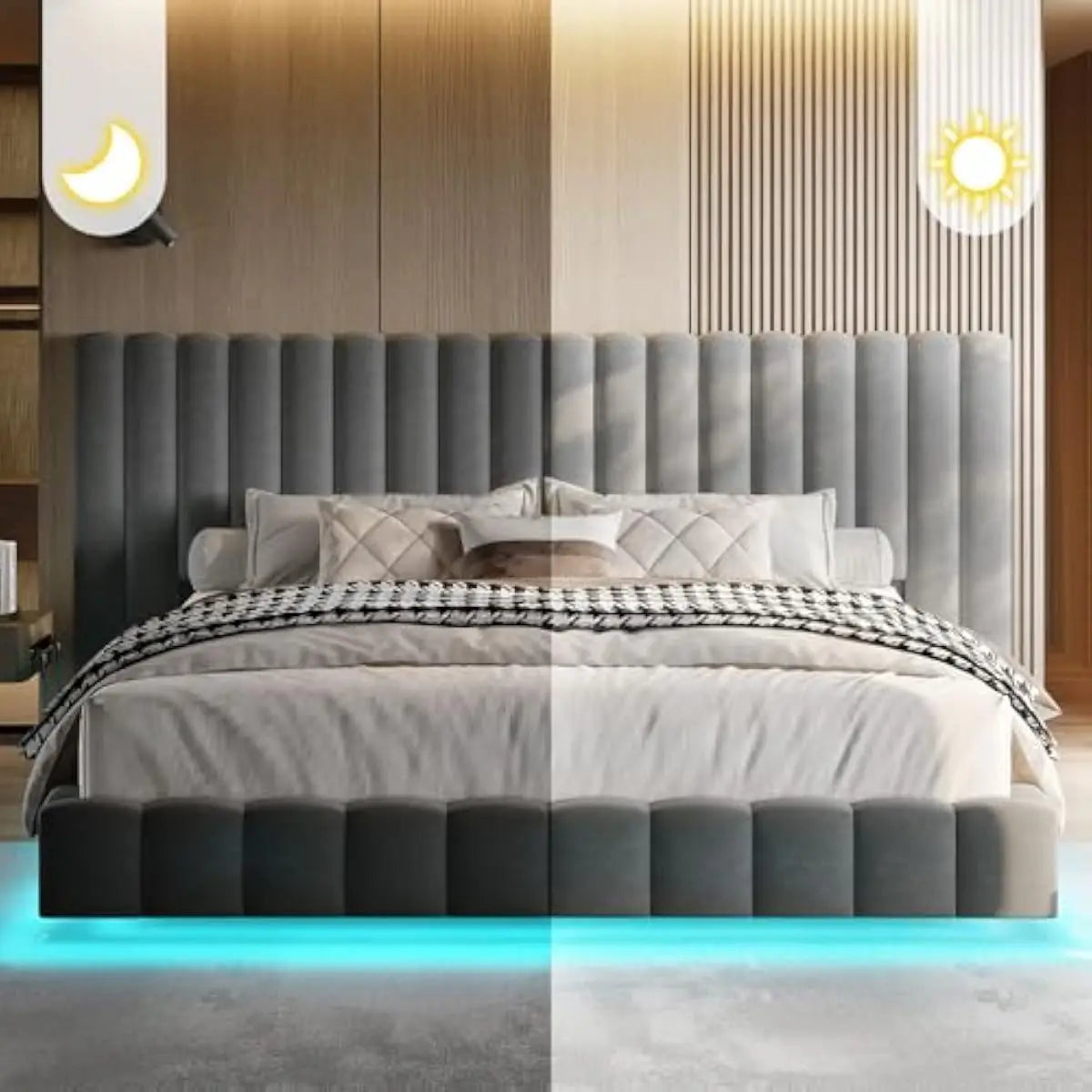 Tufted Velvet Upholstered Bed Frame With LED Lights And Storage