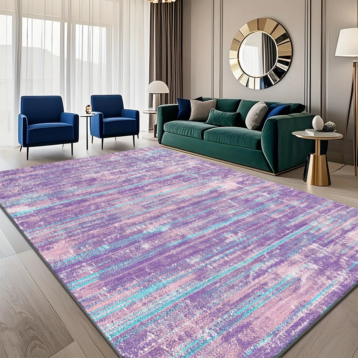 Classic Striped Polyester Area Rug With Non Slip Rubber Backing