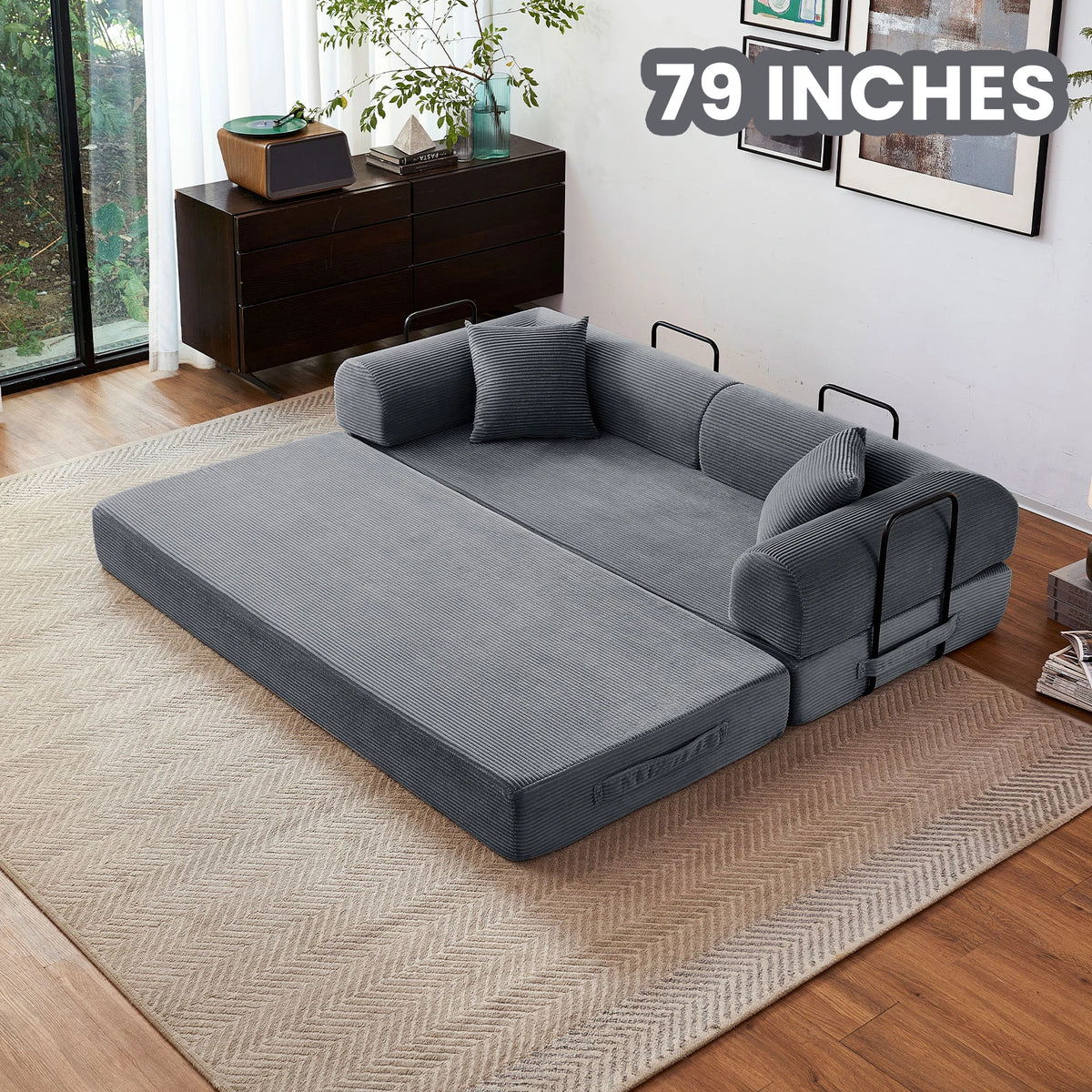 Foldable Convertible Futon Sleeper Sofa Bed With L Shaped Armrests