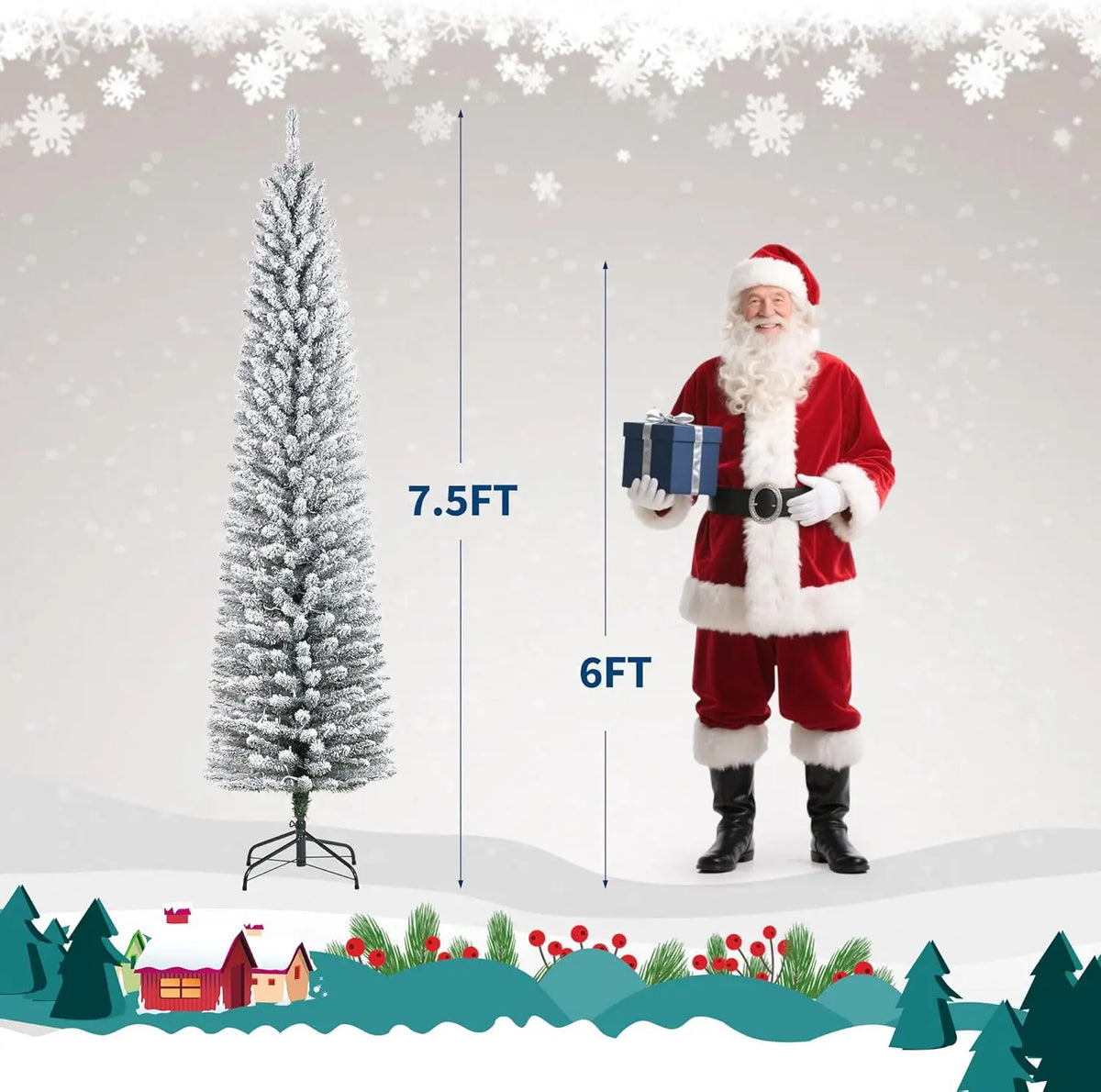 Tall Slim Artificial Pencil Christmas Tree with Snow Flocking Realistic Mixed PVC Branches Space-Saving Holiday Decoration