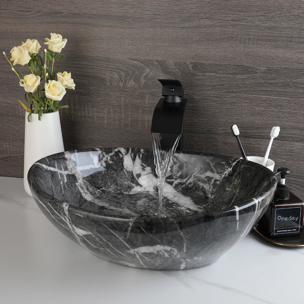 MEKKHALA Ceramic Oval Countertop Bathroom Basin Sink with Drainer
