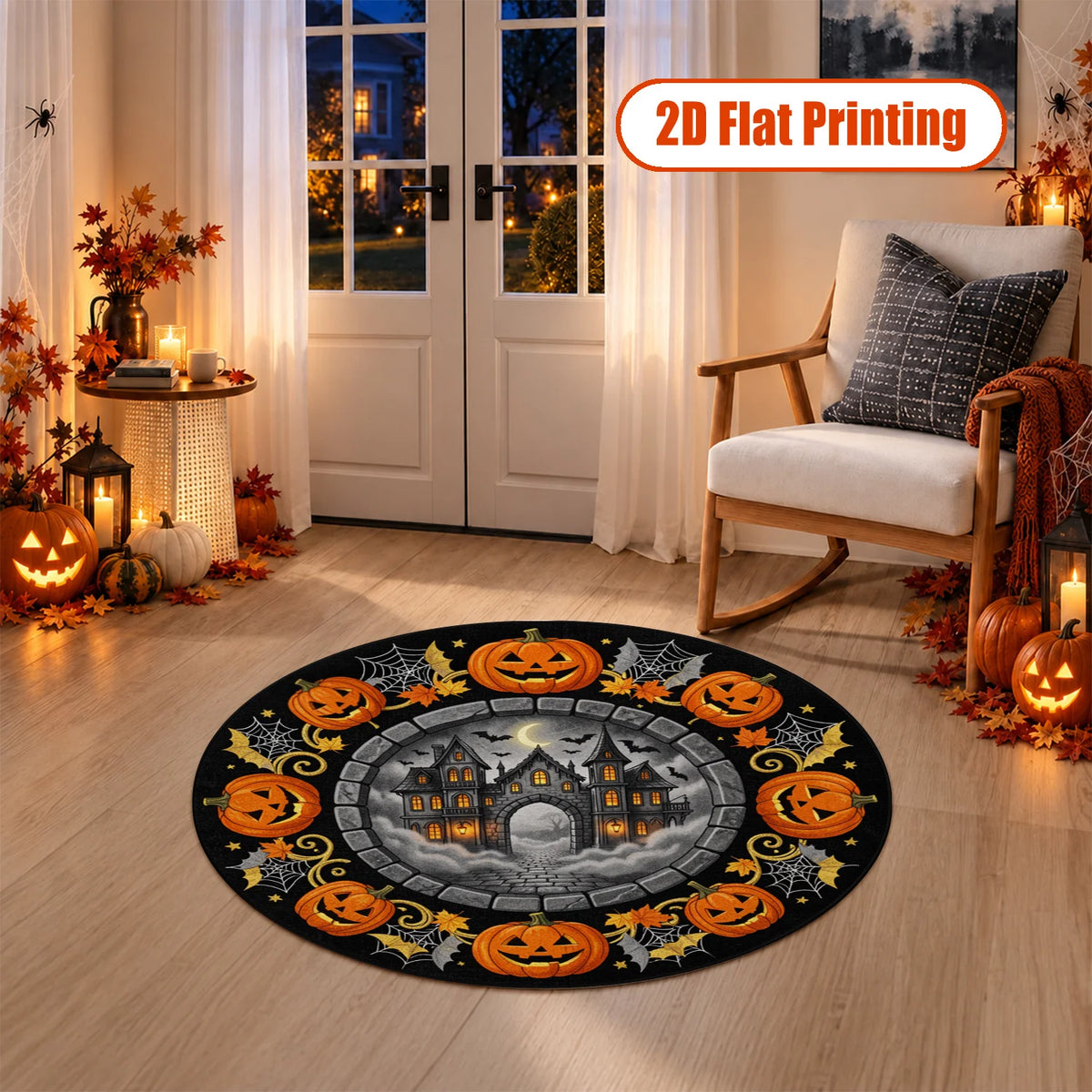 Halloween Pumpkin Haunted House Round Velvet Rug Machine Washable For Home