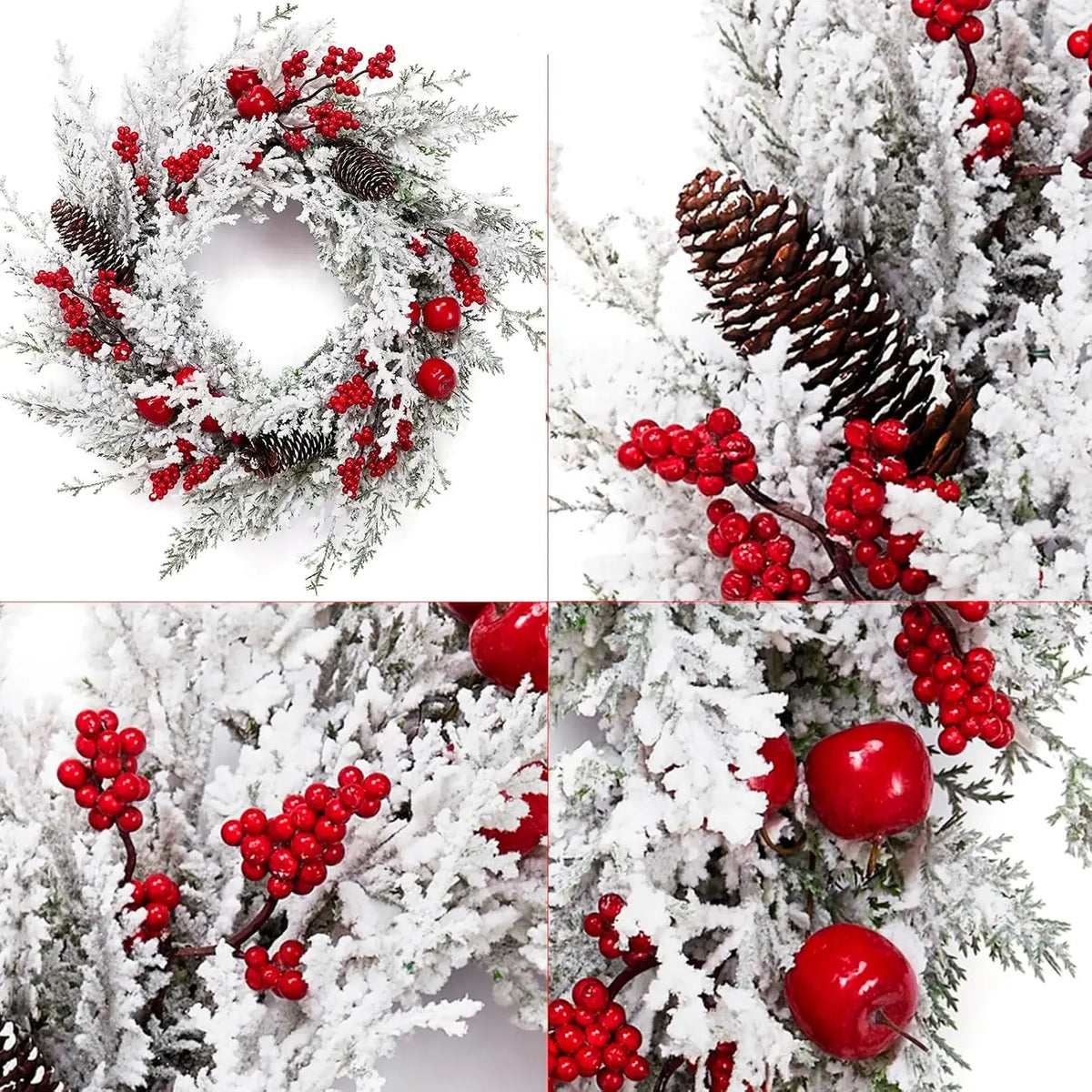 Garvee Snow Flocked Christmas Wreath With Pinecones And Berries