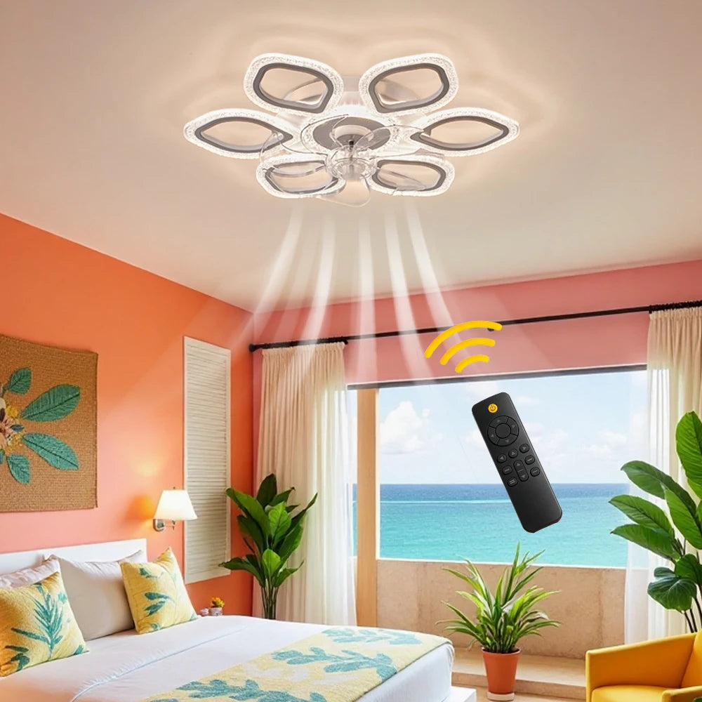 Ceiling Fan Light with 6-Petal Design, 6 Wind Speed Settings, Stepless Dimming, Timer Function, Reversible Motor, Suitable for Both Winter and Summer Use, Ideal for Bedrooms, Living Rooms, and above Dining Tables
