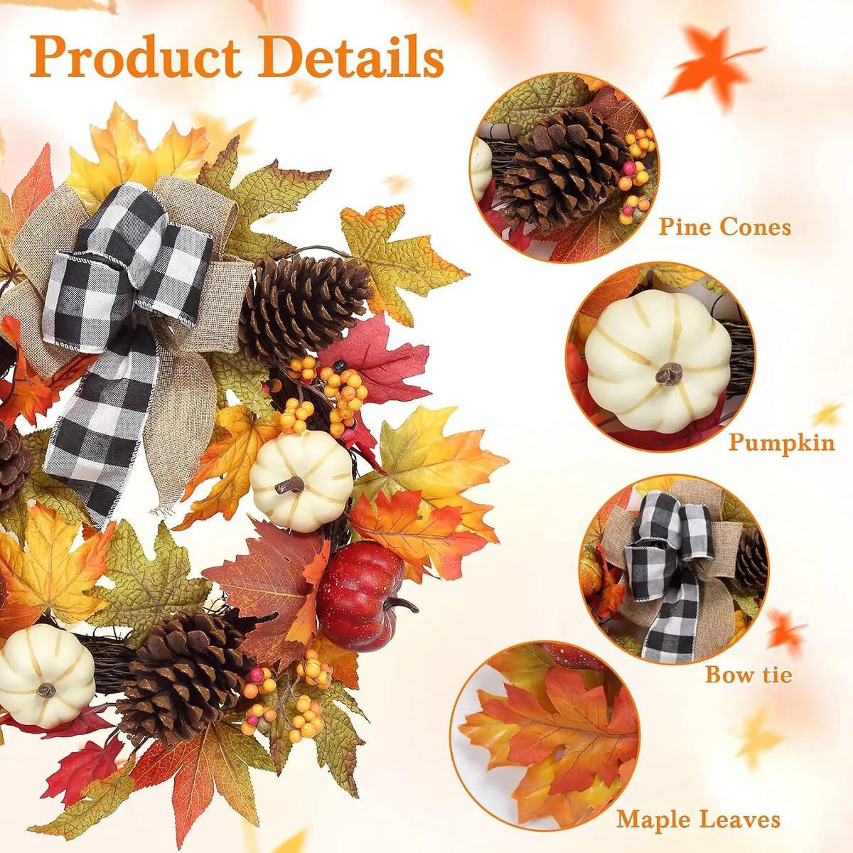 Garvee Autumn Pumpkin Wreath With Harvest Foliage For Door Decor