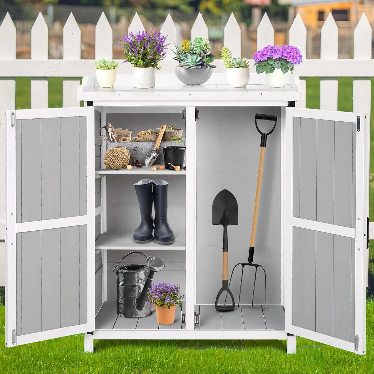 Fir Wood Iron Garden Work Table with Outdoor Storage Cabinet