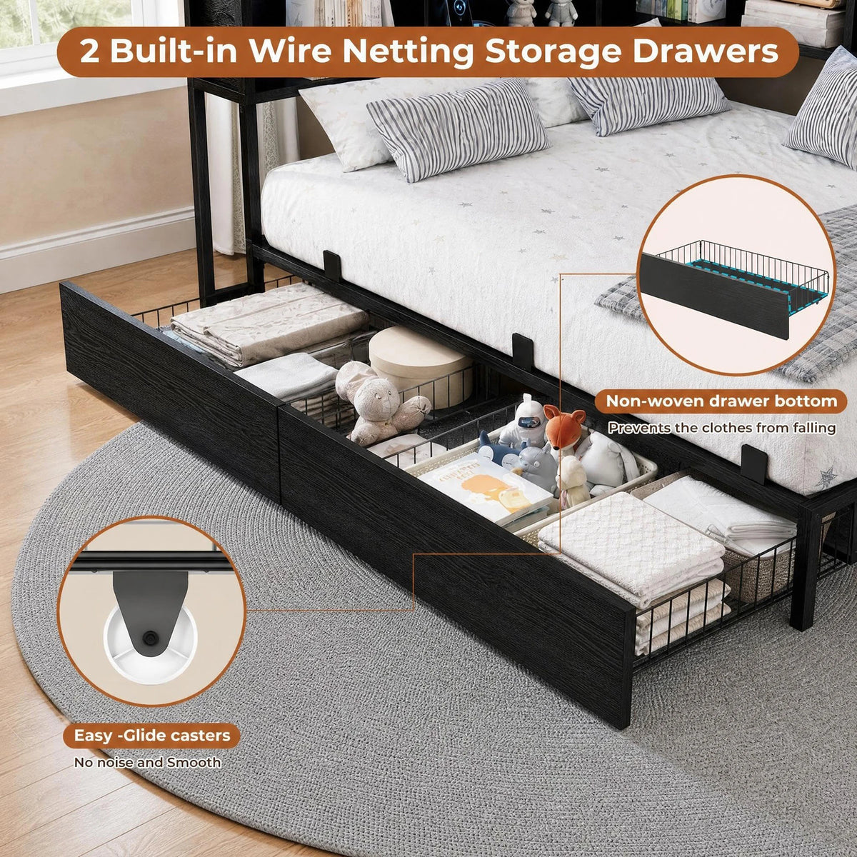 HiMISS Corner Bed Frame With Bookcase Headboard And LED Lights