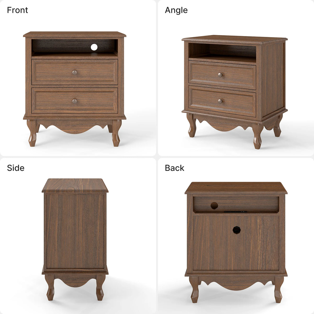 Solid Wood Nightstand, Fully Assembled Night Stand with 2 Drawer & Open Shelf Storage, Bedside Table with Charging Station, Mid-Century Modern End Table for Bedroom