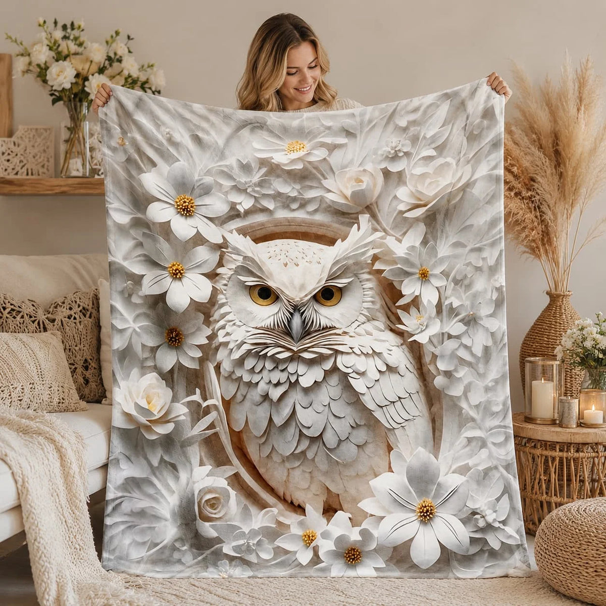 Fantasy Owl Printed Fluffy Throw Blanket for Cozy Home Decor