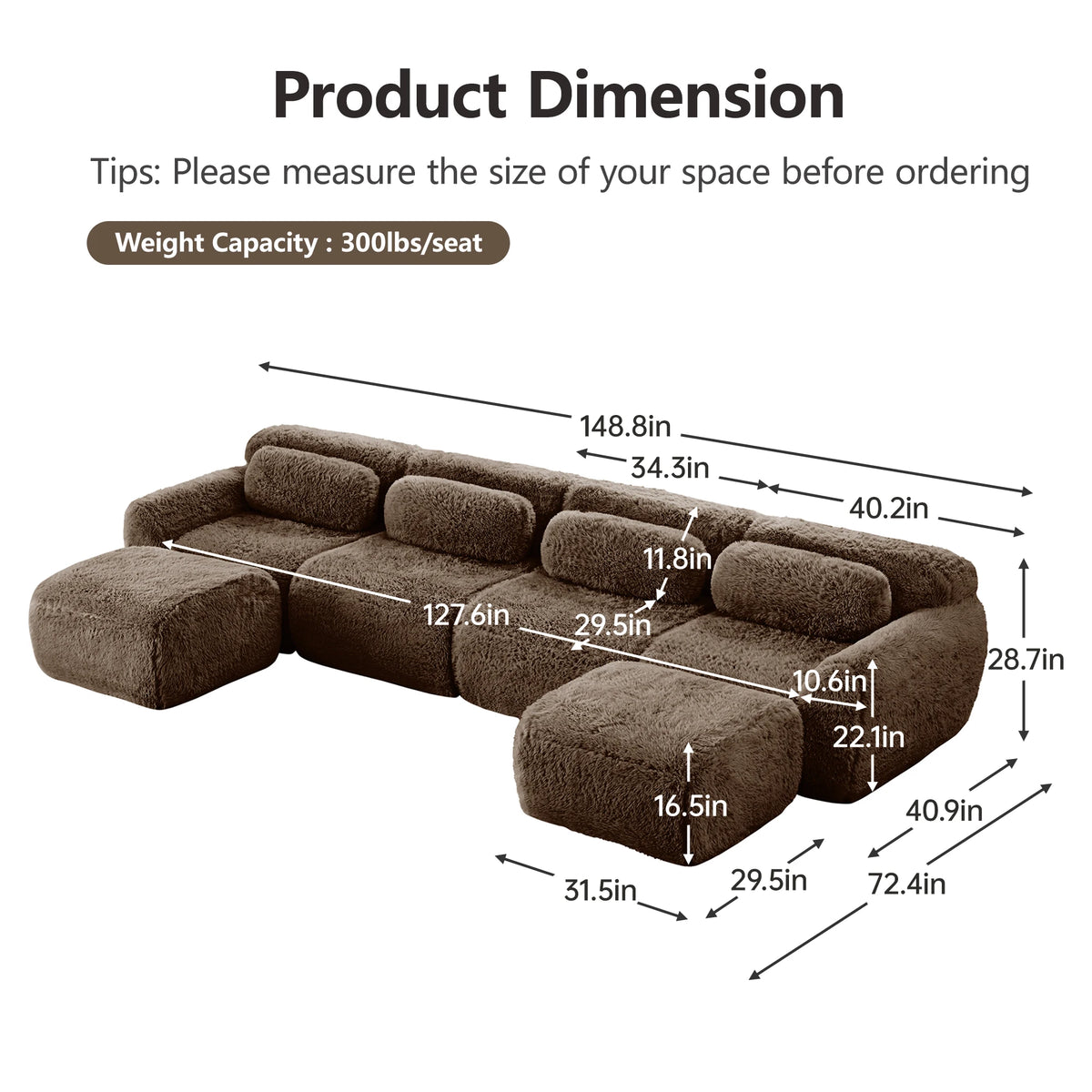 U Shaped Modular Boneless Sofa With Plush Ergonomic Cushions