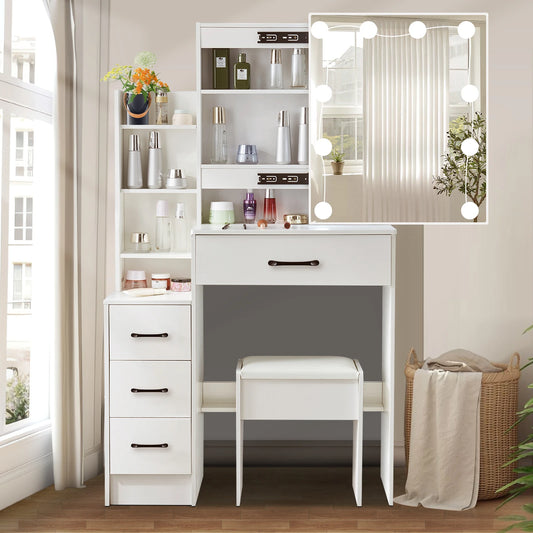Onesaimei Vanity Table Set With Stool LED Mirror And Drawers