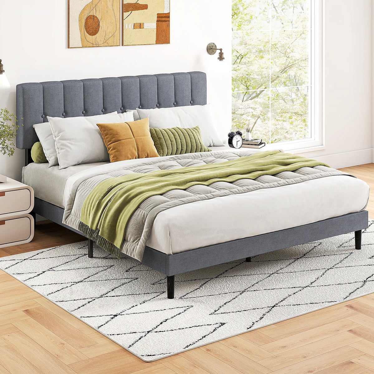 MCQ Upholstered Platform Bed With Adjustable Headboard And Wooden Slats