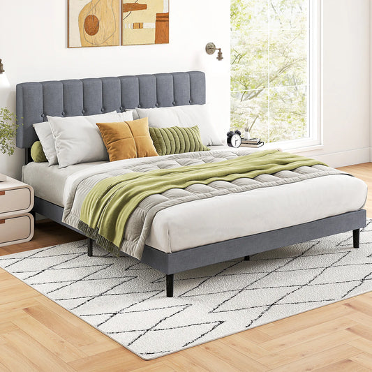 MCQ Upholstered Platform Bed With Adjustable Headboard And Wooden Slats
