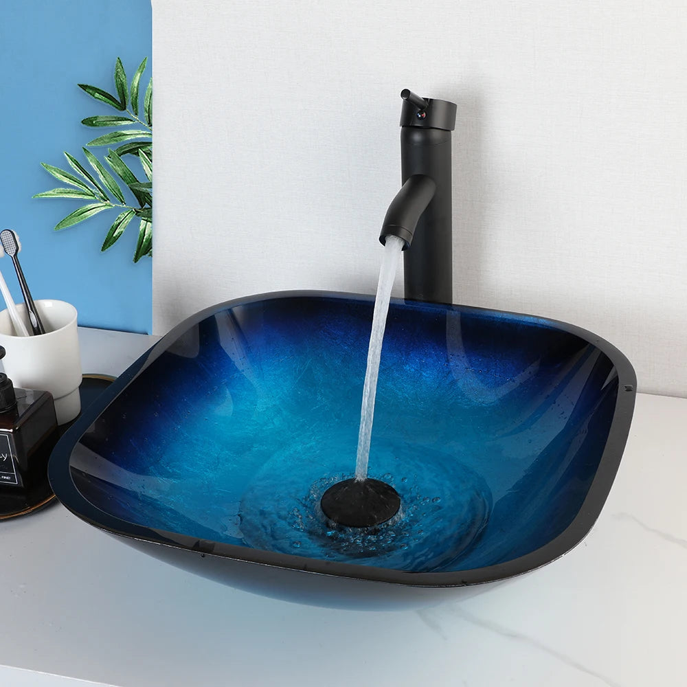 KEMAIDI Artistic Vessel Sink -17 Inch Square Tempered Glass Bowl with Faucet Drain Combo for Above Counter Bathroom Vanity Blue